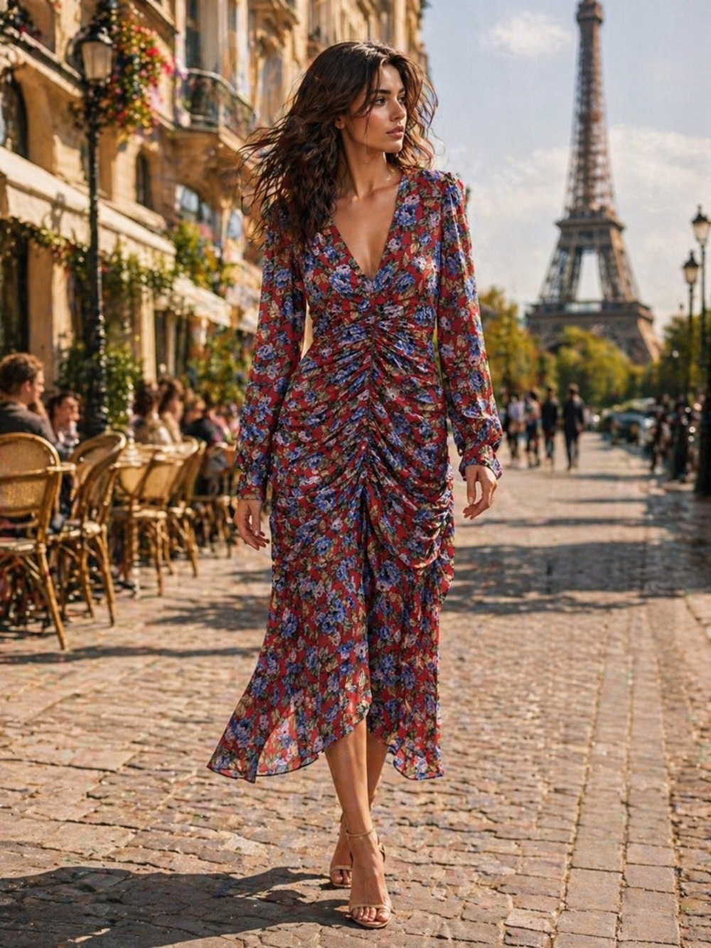 🩷Ruched V-Neck Floral Midi Dress in Red Floral